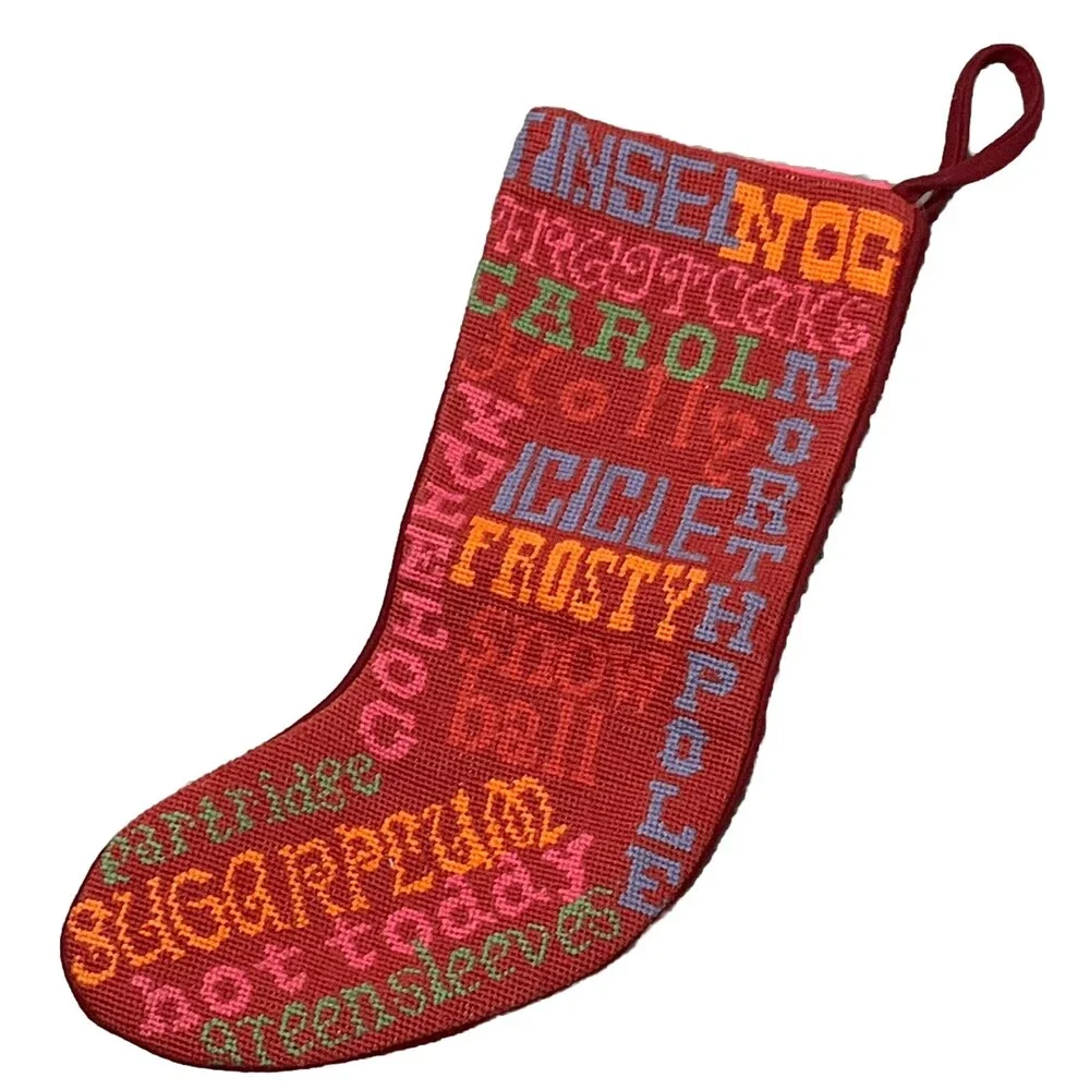 Pottery Barn Vintage Christmas Stocking Y2K Retired Red Wool Needlepoint Hanging